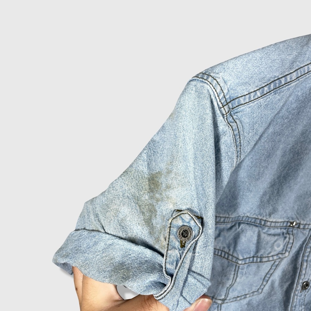 Harley Davidson Denim Crop Top Womens M Light Blue Biker Grunge Y2K Edgy - Picture 3 of 7